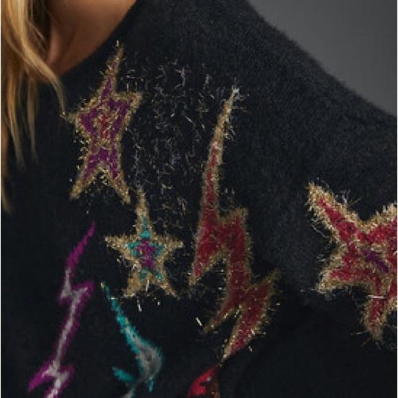 Anthropologie Black Off-Shoulder Star & Lightning Motif Sweater - Picture 3 of 5